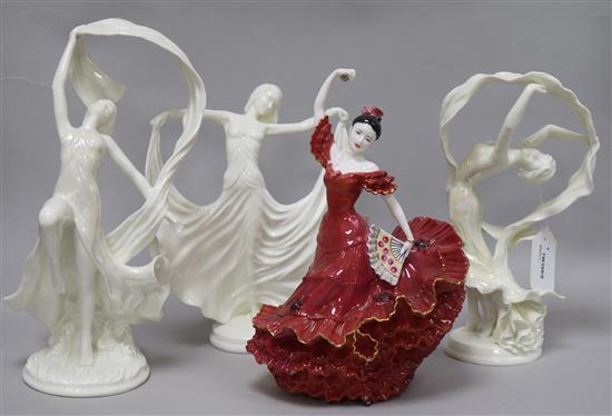 A set of three Royal Worcester Spirit of the Dance figures and a Coalport Flamenco dancer, all limited edition